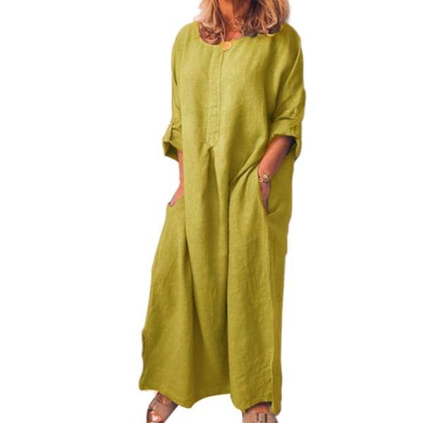 Keltainen Kaftan Maxi-mekko Rullattavilla Hihoilla ja Taskuilla, 3XL