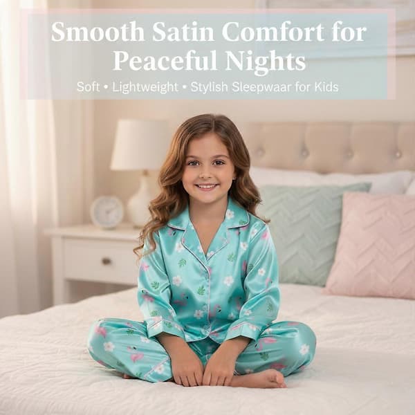 Satin Silke Pyjamas Sæt Piger Drenge Knap Top & Elastik Talje Underdel Aqua 9-10 Years