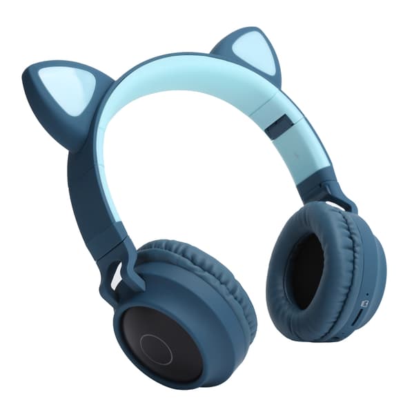 Katteøre Hovedtelefoner 3D LED Lys Trådløs Bluetooth 5.0 Foldbar Headset med Mikrofon Blå