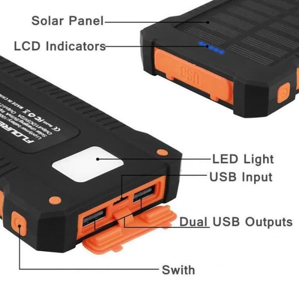 Kaide® 50000mAh Bärbart Solbatteri - Orange - 2 USB-portar - Vattentät LED-lampa