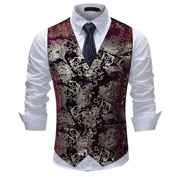 Business Casual Tryckt V-ringad Herrkostym Väst - 6 Färger (Röd, Guld, Silver)