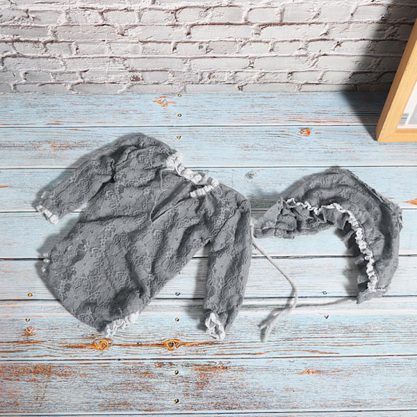 Babyfotografering Jumpsuit Fotorekvisit Hat Spidsoutfit Kostumesæt til Nyfødt Grå