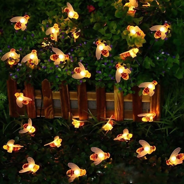 Honeybee String Lights Vattentät Intelligent Control 20 LED Solar Bumble Bee String Lights for Garden 16,4ft Varmvitt Ljus 8 lägen
