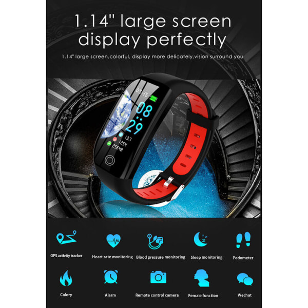 F21 Smart Armbånd 1,14 tommer TFT-skærmstøtte BT4.0 Puls Blodtryk Søvnovervågning IP68 Vandtæt Sort Rød