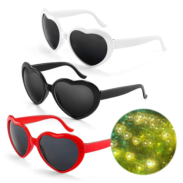 3 st Hjärtglasögoneffekt, 3d hjärtglasögon, diffraktionsglasögon, hjärtformade solglasögon, roliga glasögon för karneval, musikfestivaler, fest