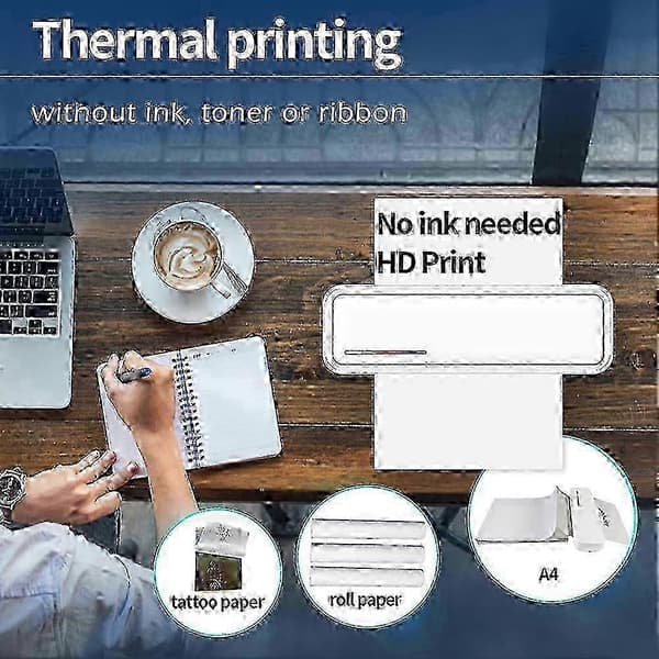 Bærbare blækfri printere, genopladelig trådløs Bluetooth-printer til rejser, kontor og hjem, understøtter termisk papir i A4-størrelse, iOS og Android_cdb1 White