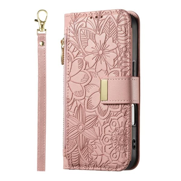 iPhone 16 Pro-deksel med blomster og blader, lommebok med glidelås og stropp Rosa