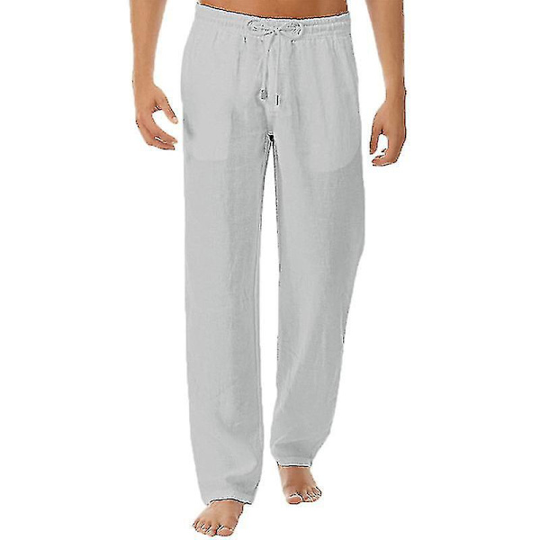Avslappnade grå linnebyxor för män, elastisk midja, strand yogabyxor 2XL