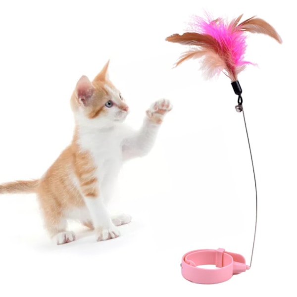 Cat Feather Collar Leksaker Justerbar Flexibel Rolig Interaktiv Cat Feather Wand Halsband med klocka för katt inomhuslek Rosa
