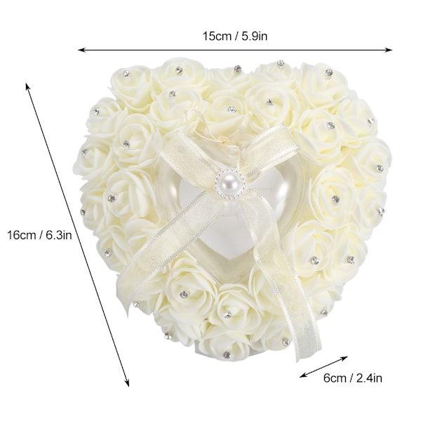 Romantisk Hjärtformad Bröllopsring Box Rose Rhinestone Dekor Ring Kudde (Beige)