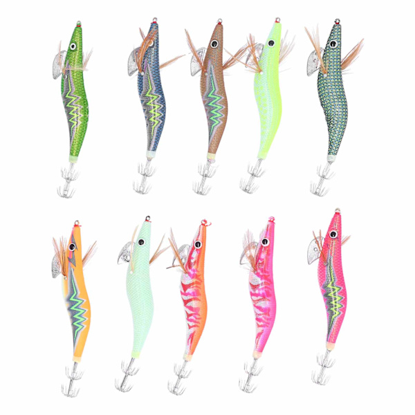 10 stk Squid Jig Hook Hard Fiskeagn Luminous Wood Fiske Reker Lure Bait Kit