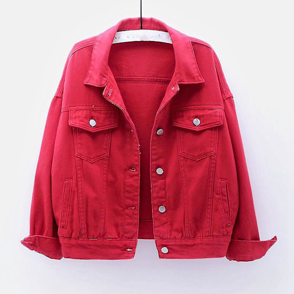 Solid Röd Denimjacka för Kvinnor | Långärmad | Vår & Höst | XXXL