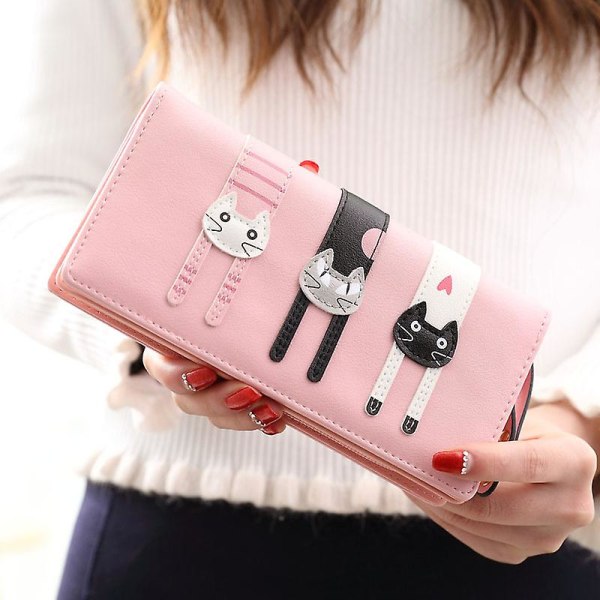 Lang lynlås pung pung kvinder sød tegneserie kat læder side flip tegnebog kortholder håndtaske
