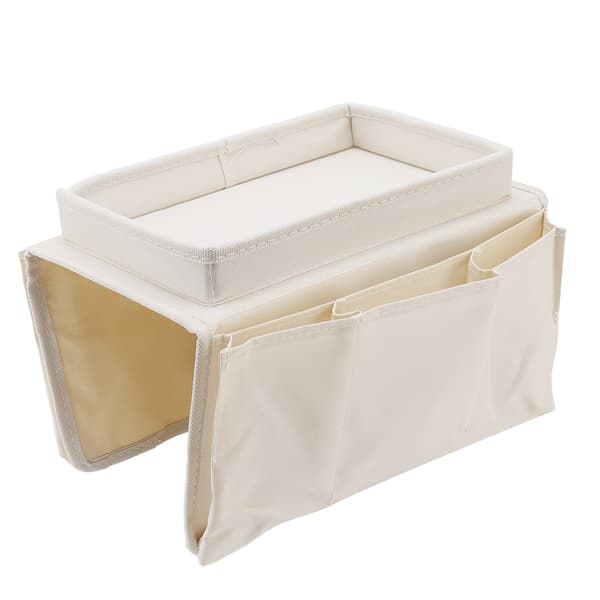 Sofa Tray Folding Arm Storage Holder Table 600D Oxford Fabric Side Pockets for Sofa Beige