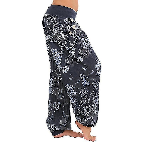 Dame Blå Trykt Oversize Harem Bukser Løse Brede Ben Bukser 4XL