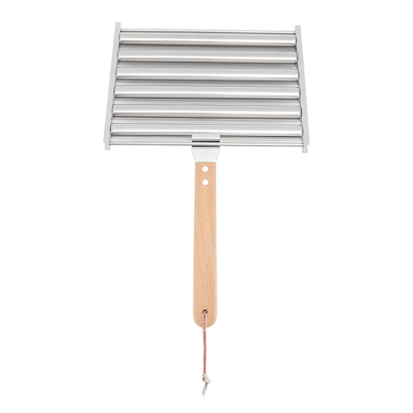 Aftagelig pølseholder i rustfrit stål med dampfunktion og ekstra langt træhåndtag 4 spyd 6 pinde design BBQ-værktøj L