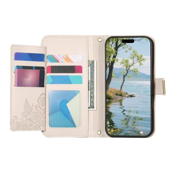 iPhone 16 Pro-deksel med blomster og blader, lommebok med glidelås og stropp Kaki