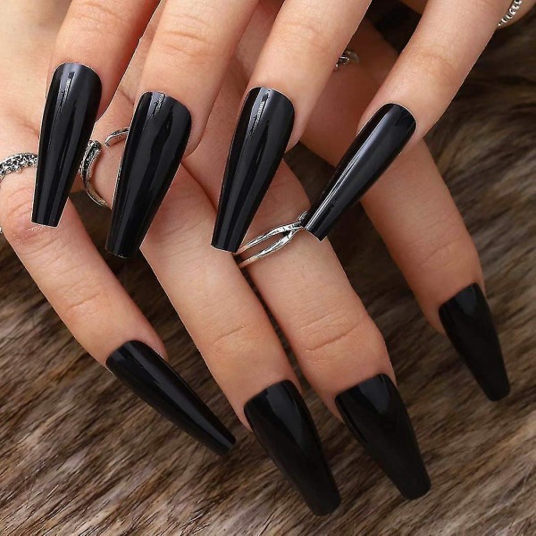 Extra lång tryckning på naglar Kista Lila falska naglar Ballerina glansigt cover konstgjorda naglar för kvinnor och tjejer 24st (svart)