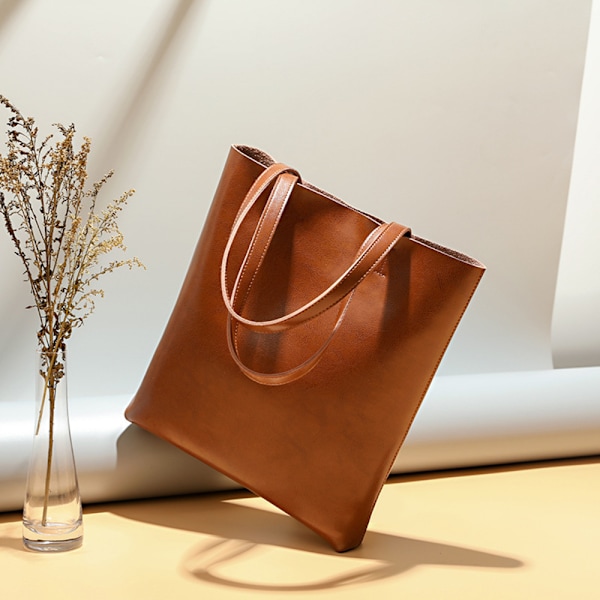 Snygg Brun Ko-Läder Tote Bag Stilren Axelremsväska Handväska 32x6x36cm Perfekt för Vår Sommar brown About 32*6*36cm