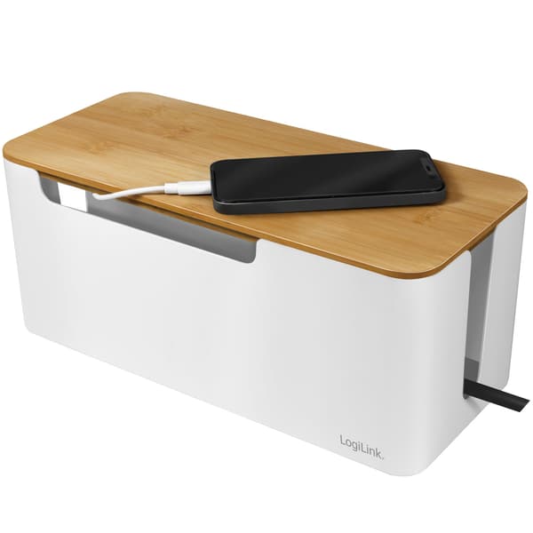 Cable box - Kabelgömma m bambulock 32x14x13cm Vit, Trä Bamboo, Plast