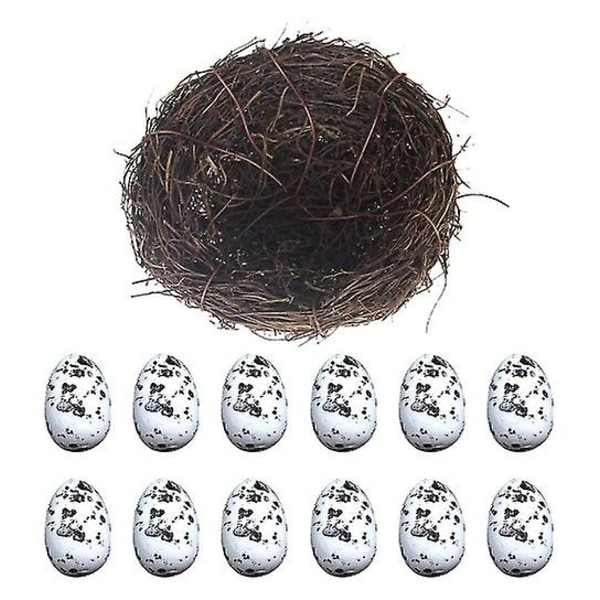 13stk 20cm Simulering Rattan Fugleredet Easter Bird Egg Ornament Party Diy Decor (1stk Fugleredet, 12stk Fugleegg)