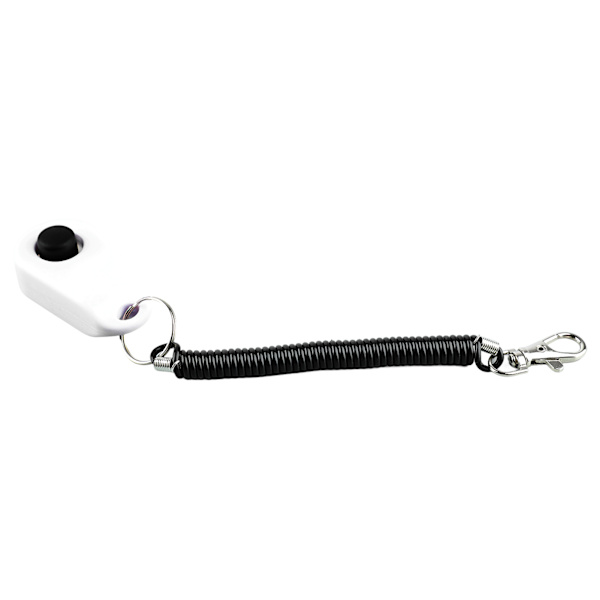 Koirien koulutusklikkeri Universal Interactive Pet Training Clicker mustalla pitkällä rannehihnalla ja renkaalla valkoinen