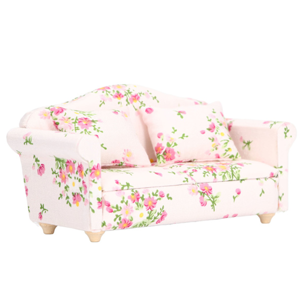 Miniatyrsoffa 1/12 skala rosa grönt blommönster Björkträ Dockhus dubbelsoffa för födelsedagar Present DIY-spel