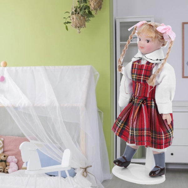 1:12 Nukkitalo Nukke Miniatyyri Posliini Pitkä Punottu Punainen Mekko Tyttö Mini Leikkikalu Nukke Malli Punainen