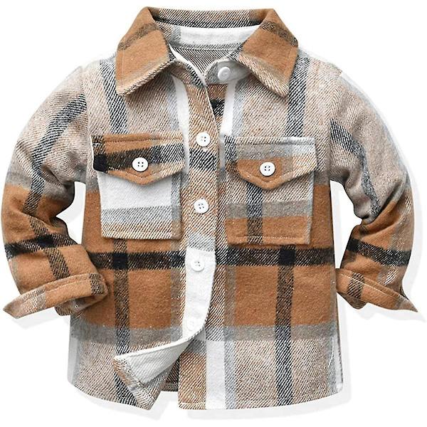 Flannel Plaid Skjortejakke til småbørn, drenge og piger, varm reversknappet jakke til efterår/vinter, størrelse 3-4 år - Kaffe
