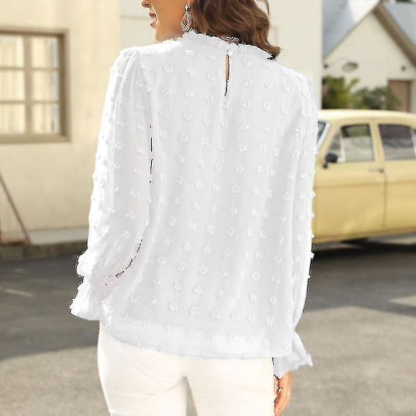 Hvit Chiffon Bluser med Ruffet Hals og Lange Ermer for Kvinner