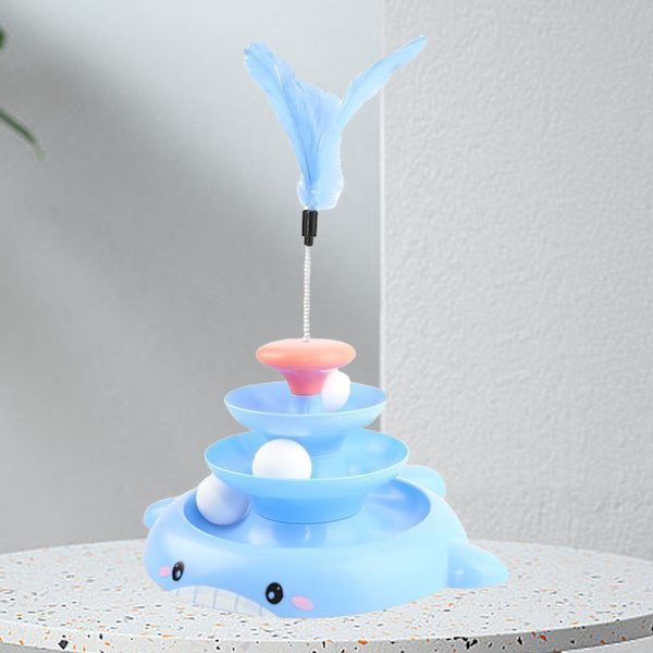 Cat Turntable Ball Toy 3 Levels Interactive Lindra Tristess Kitten Tower Roller Toy med fjäderpinne och 3 bollar blå