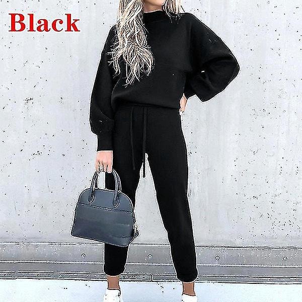 Snygg svart träningsset för kvinnor - Långärmad sweatshirt + Joggingbyxor med dragsko XXL