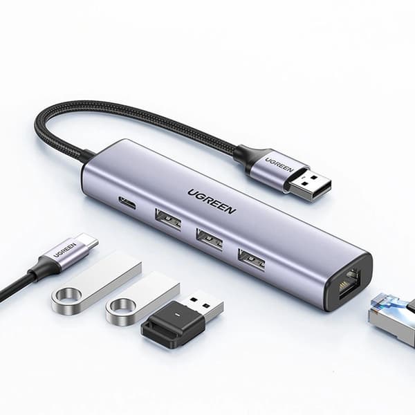 Ugreen Hub USBA 3.0 - 3 x USBA / Ethernet RJ45 / USBC PD Harmaa