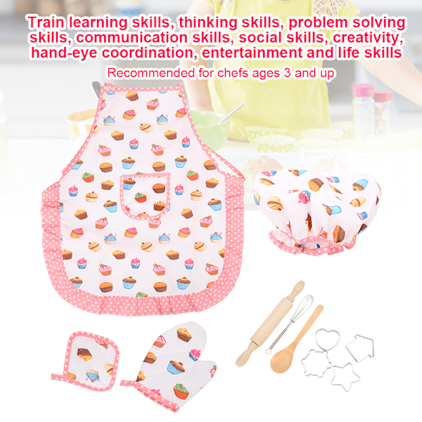 Köksdräkt Rollspelsset för barn Flickor Förkläde Kock Hatt Bakning Matlagning Mitt Cookie Cutter Kit11st Cupcake Mönster