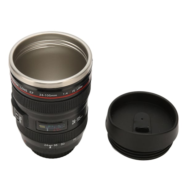 Kameralins kaffemugg i rostfritt stål Fotograf Kameramugg Travel kaffekopp med lock för män kvinnor Rostfritt stål innerfoder Svart