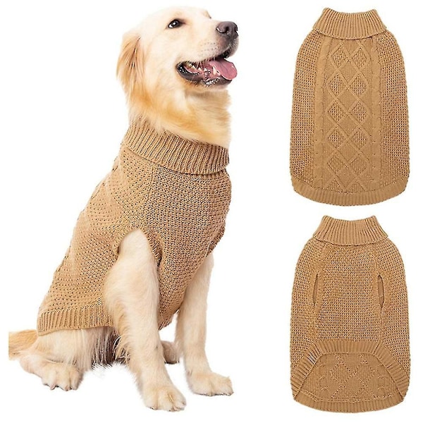 Vinter varm stickad tröja med hög hals för husdjur hund katt XL beige