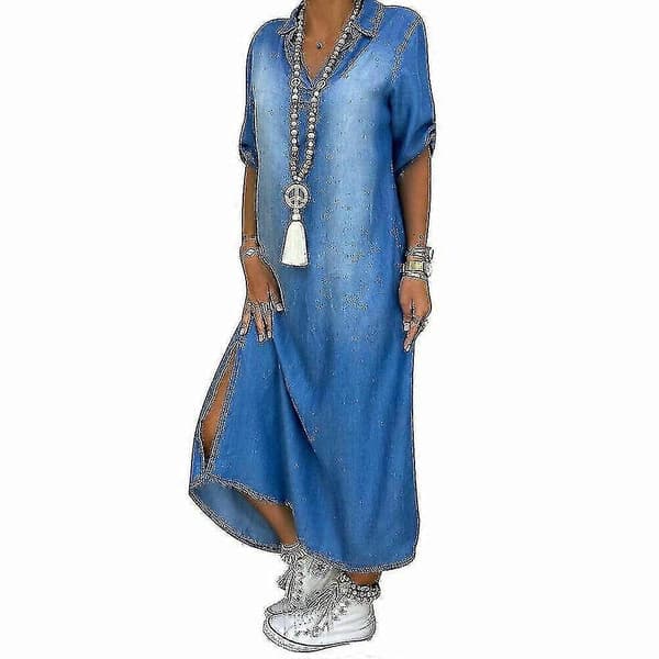 Lang denimkjole til kvinder, løse jeans 3XL
