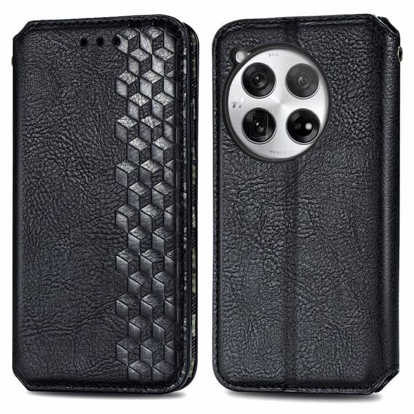 Læder OnePlus 12 cover med rombe-design - Sort Svart black