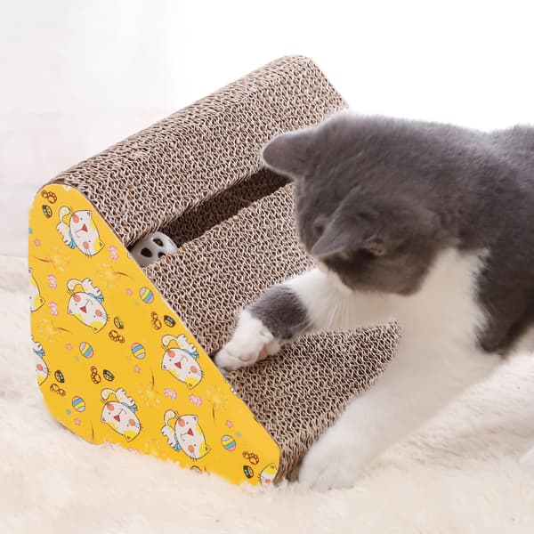 Cat Scratcher Box Portable Safe Triangular Double Slot Kitten Scratch Toy with Bell Ball for Indoor