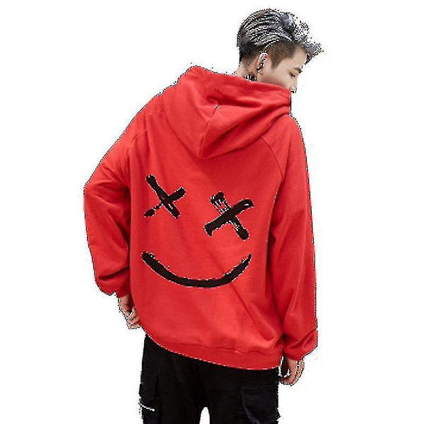Smile Face Print Herr Långärmad Hoodie Pullover Topp - Röd