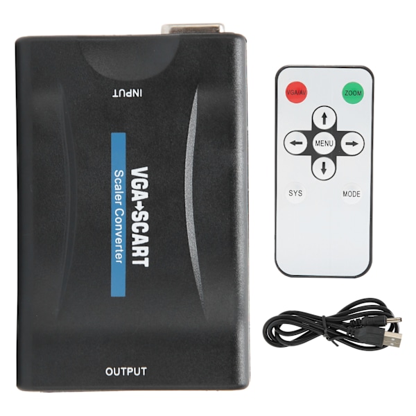 VGA till SCART-omvandlare HD Video Adapter Datortillbehör med Fjärrkontroll Laddningskabel Svart