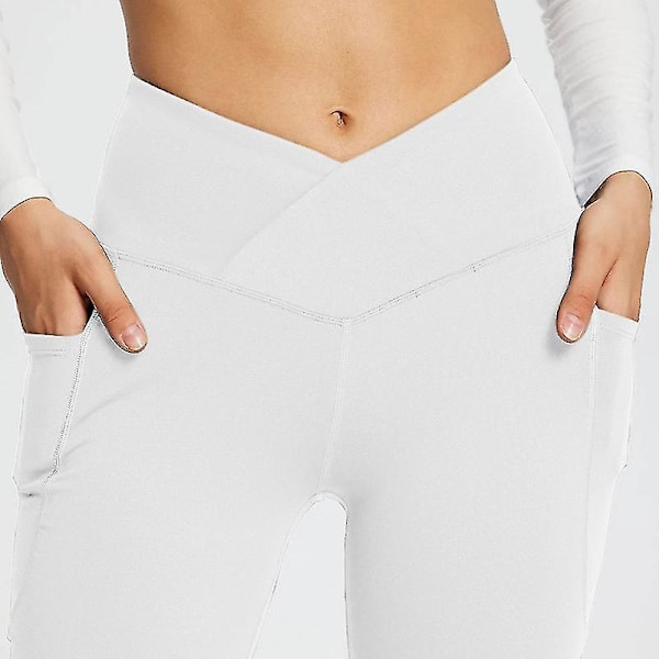 Bootcut High Waist Yoga Byxor med Ficka för Kvinnor, Tummy Control Workout Bootleg Byxor - Vit, Storlek 2XL