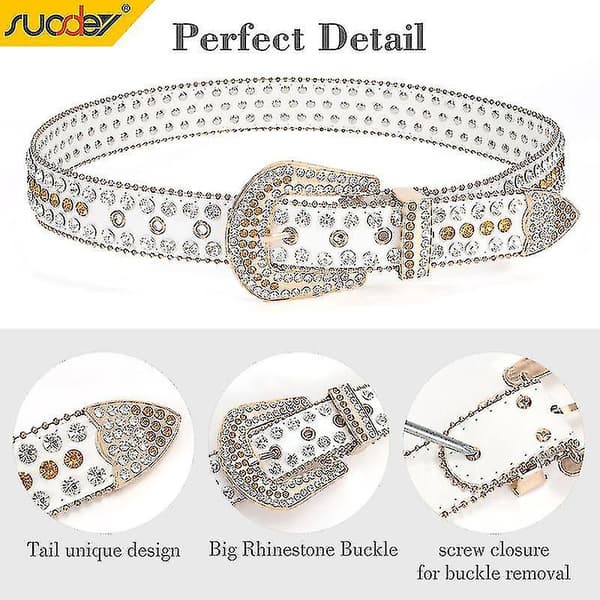 Bling Rhinestone Lærbelte for Menn og Kvinner - 105cm Hvit