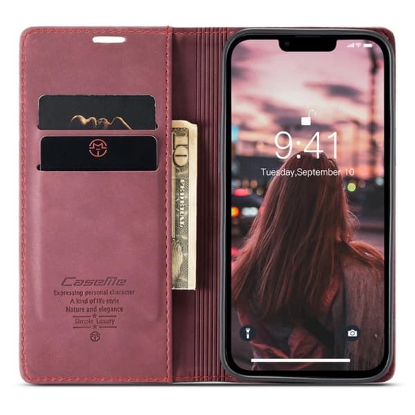 CASEME Retro Plånboksfodral Kompatibel med iPhone 14 - Röd[LD] Red red