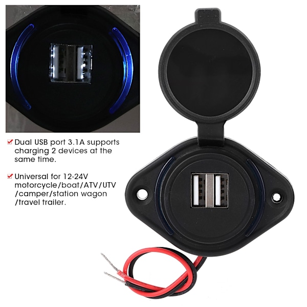 3.1A Dobbel USB-lader Strømuttak Adapter Ladingfeste for bil ATV UTV Bobil Campingvogner