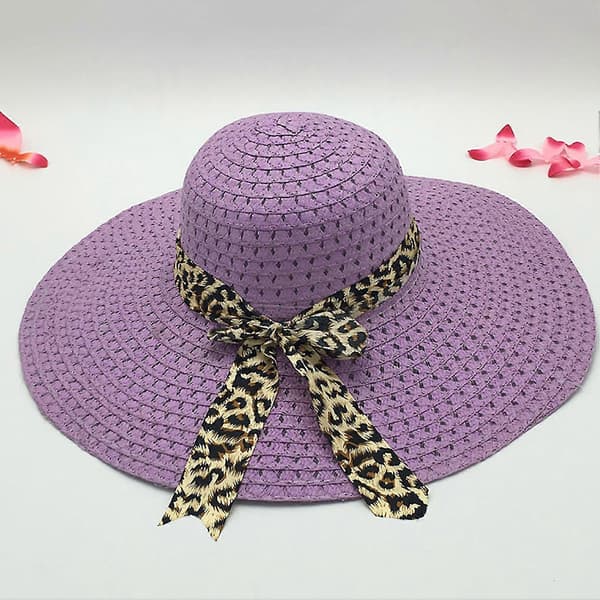 Solskyddsmedel Flätad Vikbar Stråhatt Leopard Rosettdekor Bred Brätte Dam Strandhatt Modeaccessoarer White
