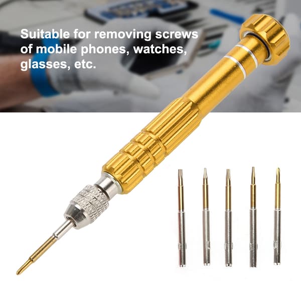 Screwdriver Handle with 5 Precision Bits Phone Glasses Watch Repair Tool Kit (Gold)