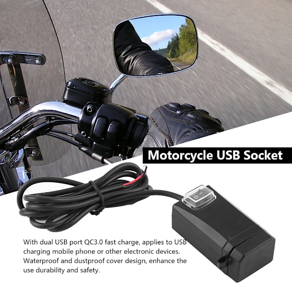 12-24V Universal Motorsykkel Mobiltelefonlader med Bryter Dobbel USB QC3.0 Hurtiglading