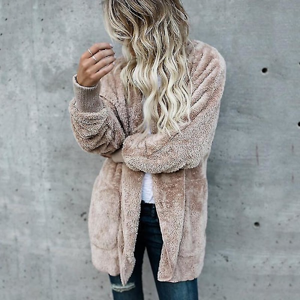 Teddy Bear Fluffy Fleece Hættejakke - Kvinder S, Khaki