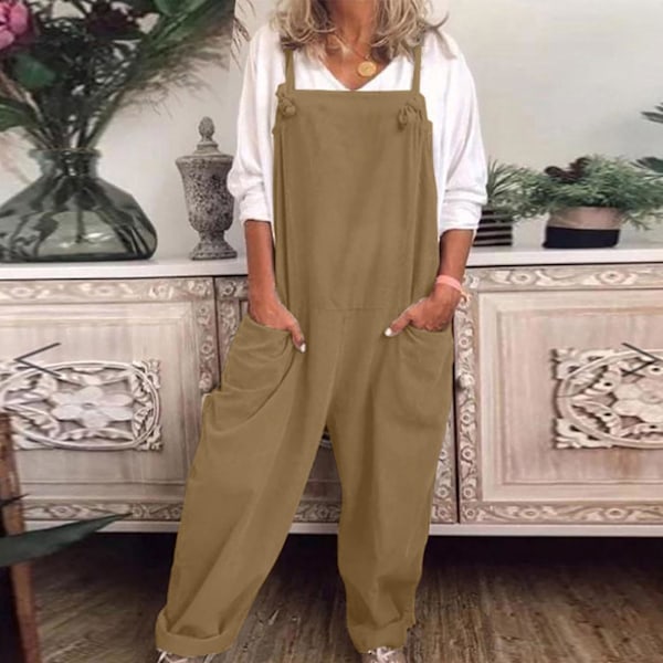 Avslappede Løse Bomulls- og Linbukser for Kvinner Overalls Jumpsuit XXXXL Khaki